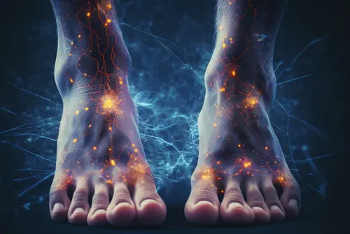 Glowing nerve pathways on human feet against a dark, abstract background.