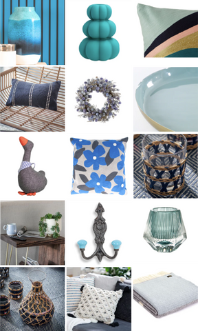 blue home accessories in a grid of images 