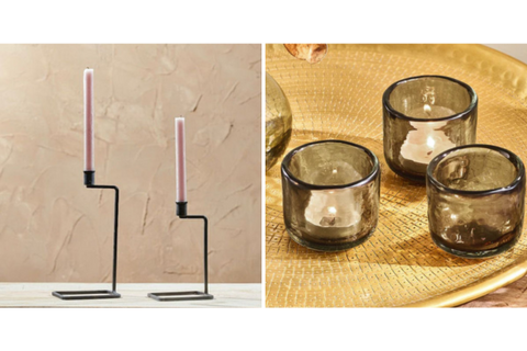 Antique Black Candlesticks and Smoked Glass Tealights