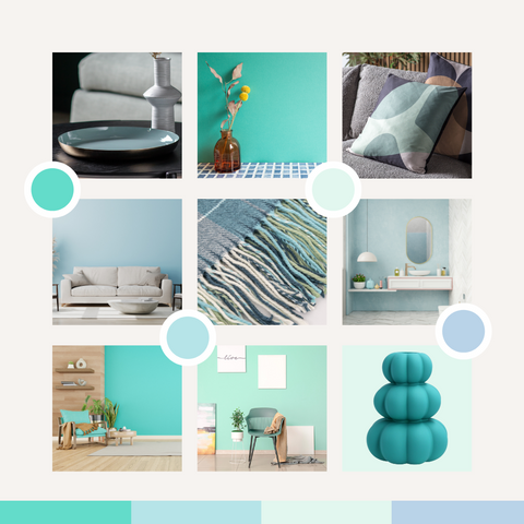 Moodboard of 9 images showcasing the trending colours of aqua blue and turquoise 