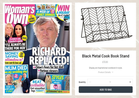 Black Metal Cook Book Stand featured in Woman's Own Magazine