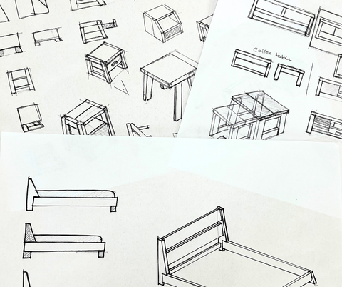 Pen sketches of various furniture including a bed and TV stand.