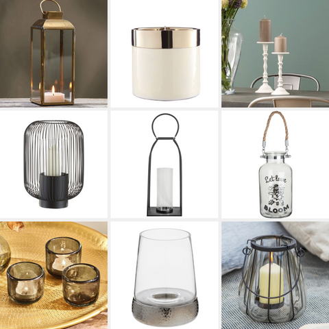 Grid of 9 lanterns and candles varying in shapes, sizes and colours such as black, silver and gold.