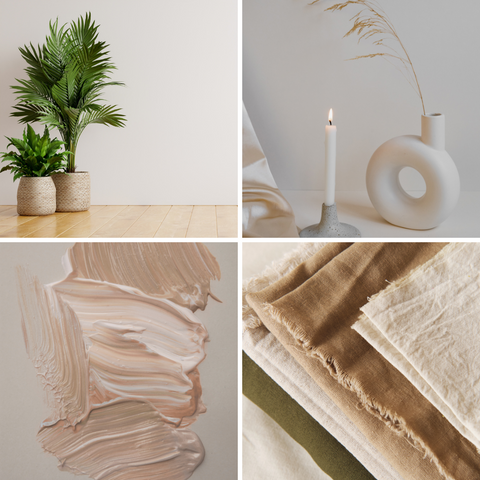 This is a moodboard of images featuring neutral tones and shades. The images feature paint strokes and different materials that have been layered.