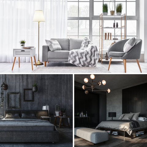 This image features a collage of inspirational home that have a grey interior design style.