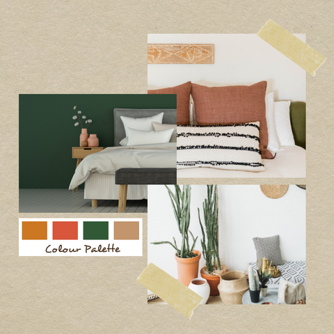 This image features a moodboard that has been created using warm and earthy tones such as rust, ochre and green.