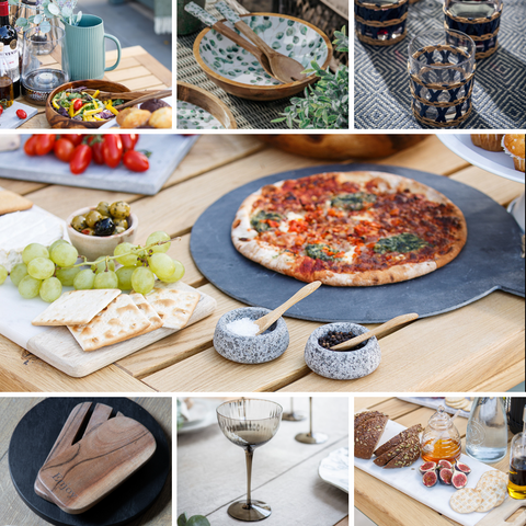 Collage of 7 images of tableware including platters, glassware, serving bowls, pizza boards and more.
