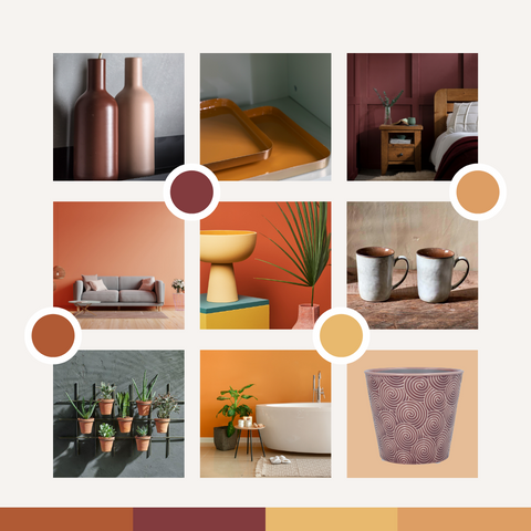 Moodboard of 9 images showcasing the colour trends of terracotta, burgundy and ochre