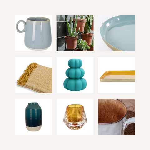 Moodboard of 9 accessories all in shades of terracotta, ochre, aqua blue and turquoise