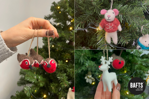 A grid showing three different felt Christmas tree decorations. They include three small robins, a mouse with a knitted red jumper with a snowflake on it, and a ceramic white reindeer.