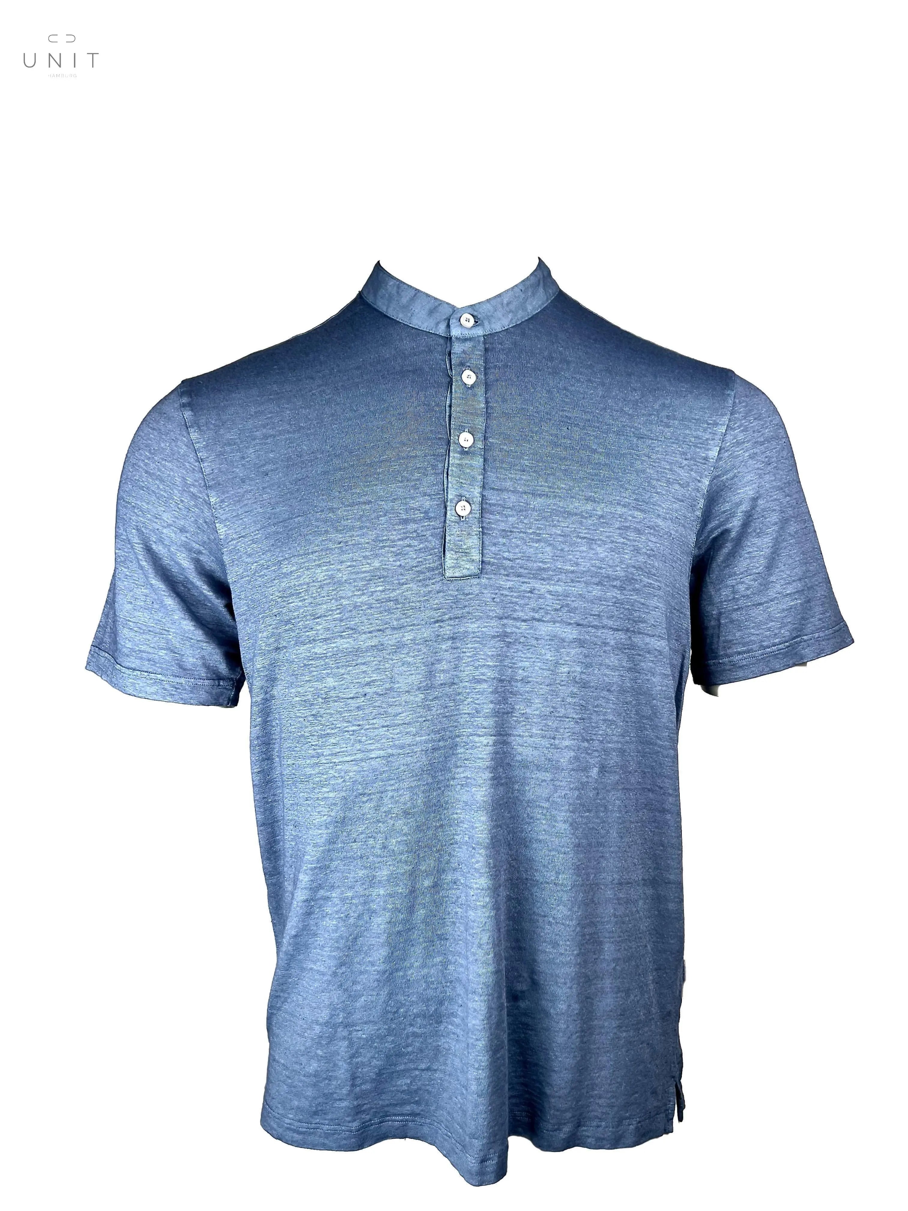 Never Laundry, Stehkragen Polo Leinen, mid blu Never Laundry