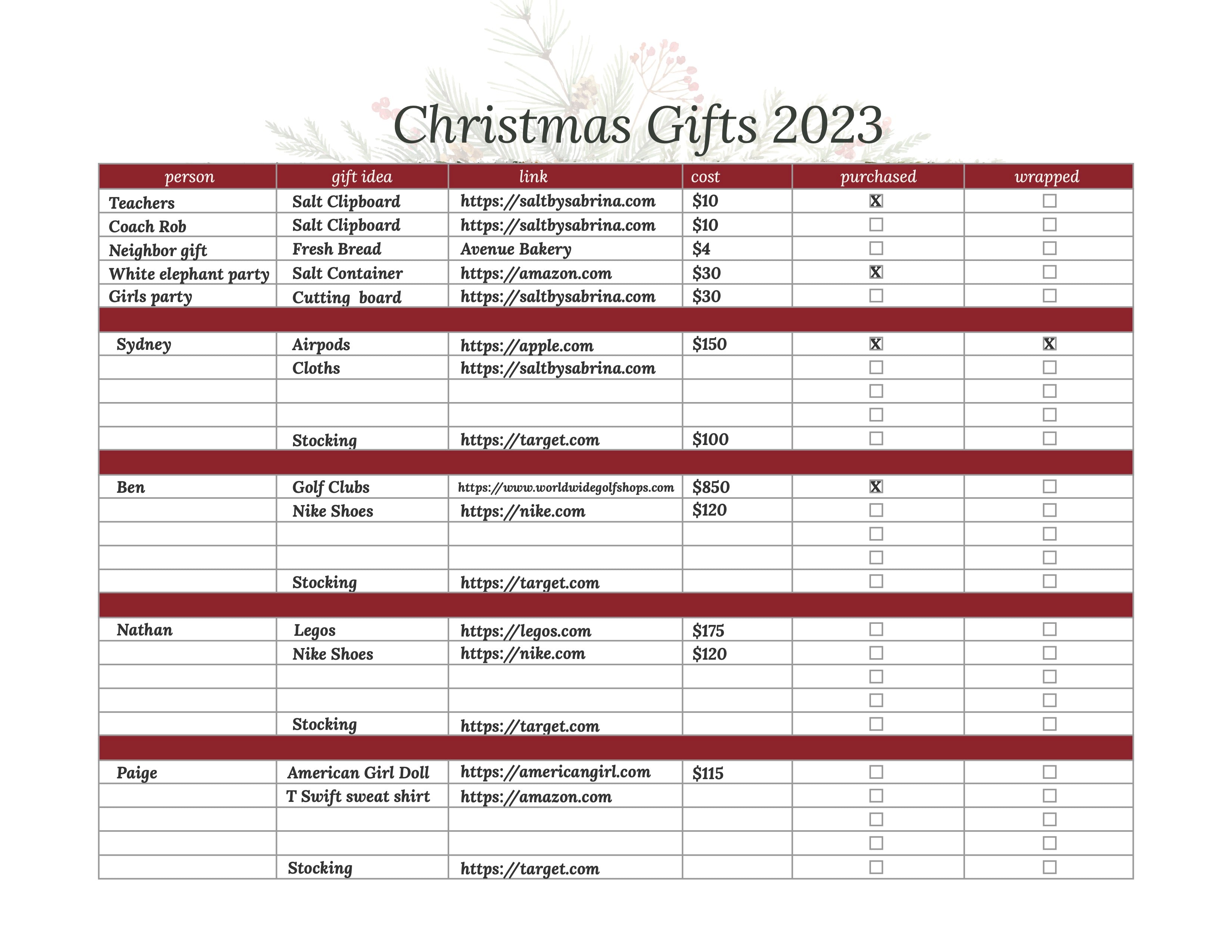 Christmas gifting spreadsheet by Salt by Sabrina.