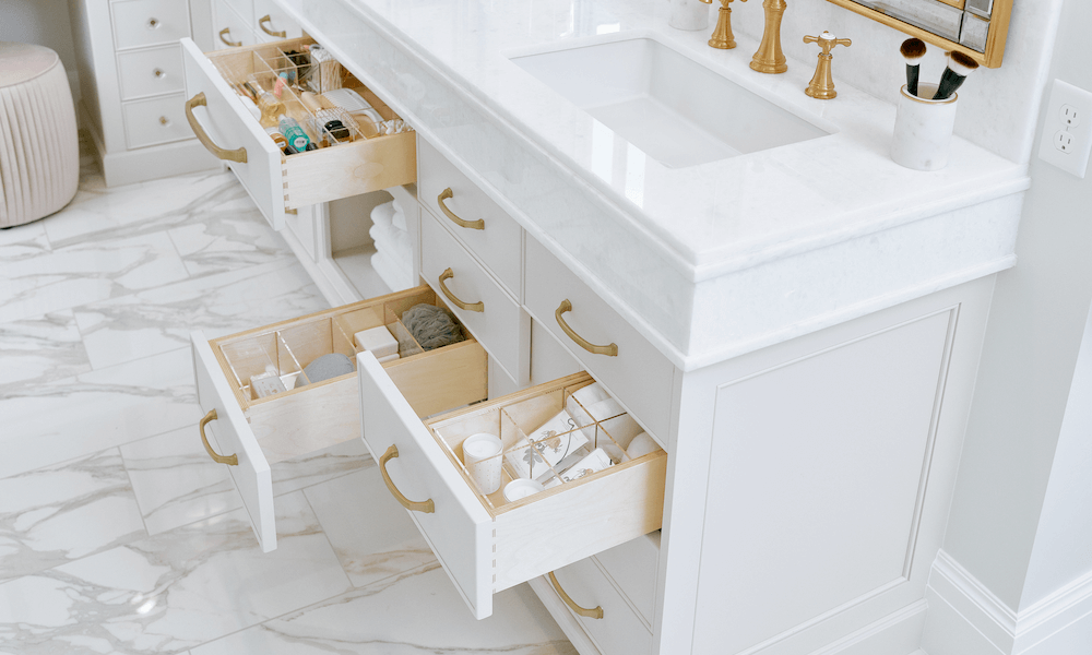 Bathroom drawers open with custom organizers
