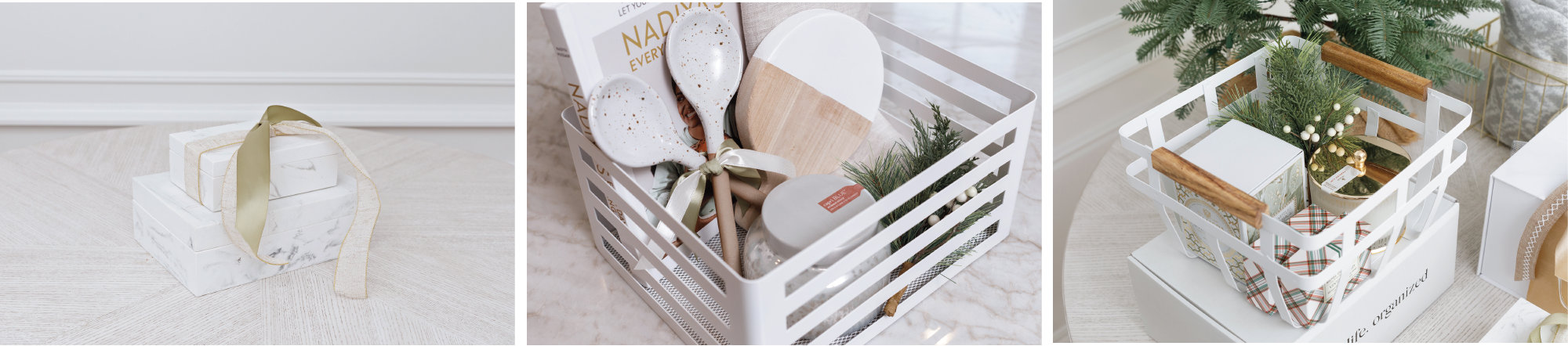 Salt baskets decorated for the holidays.