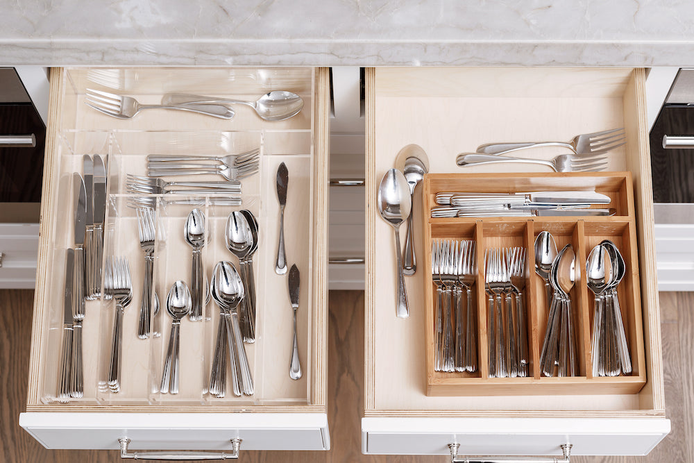 Drawer organizer comparison of a Salt by Sabrina organizer next to an ill-fitting bamboo organizer.