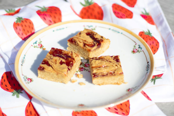 Peanut Butter & Strawberry Jam Blondies with Summerland Sweets Strawberry Jam