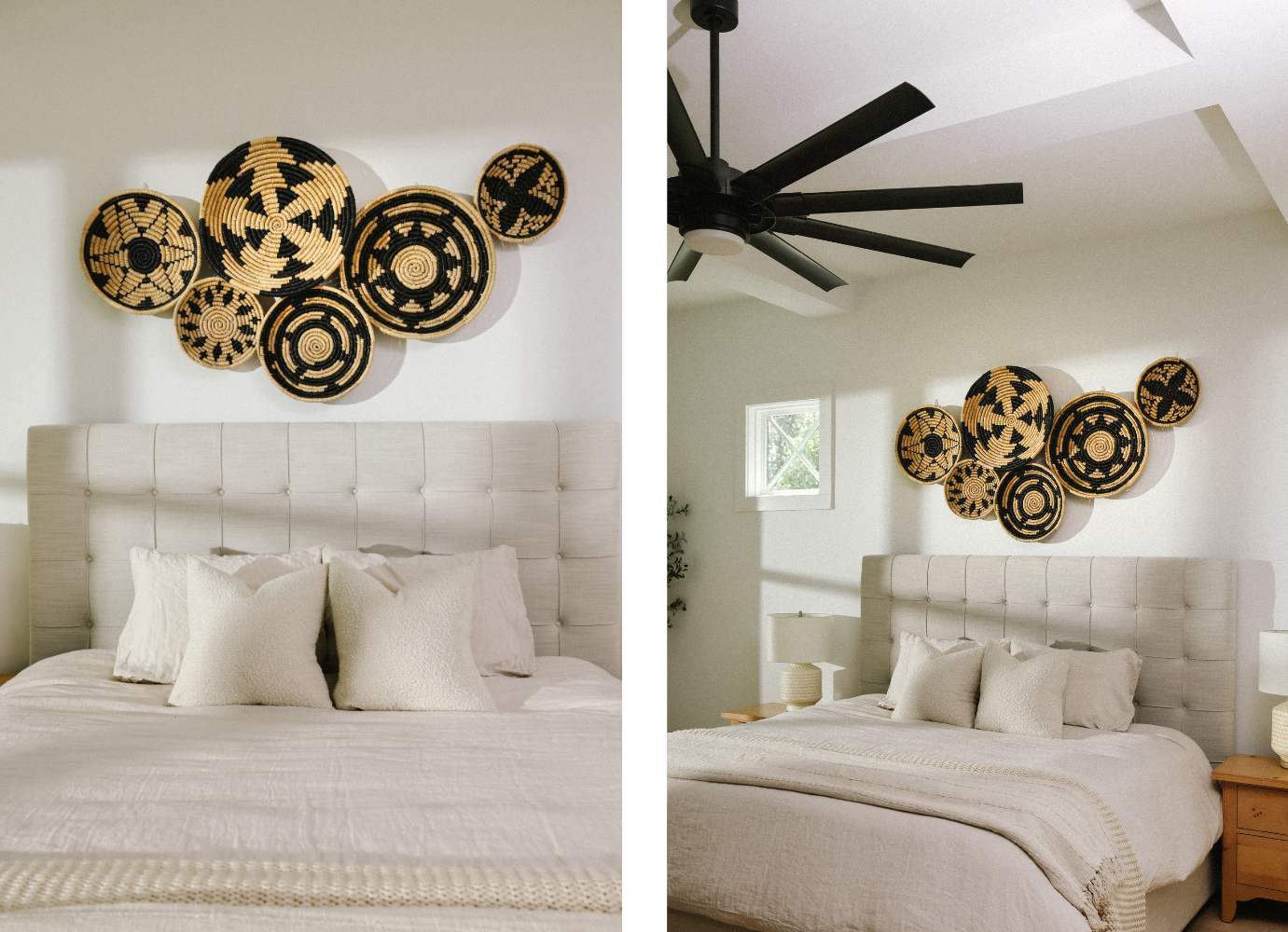 Large wicker wall decor in the bedroom
