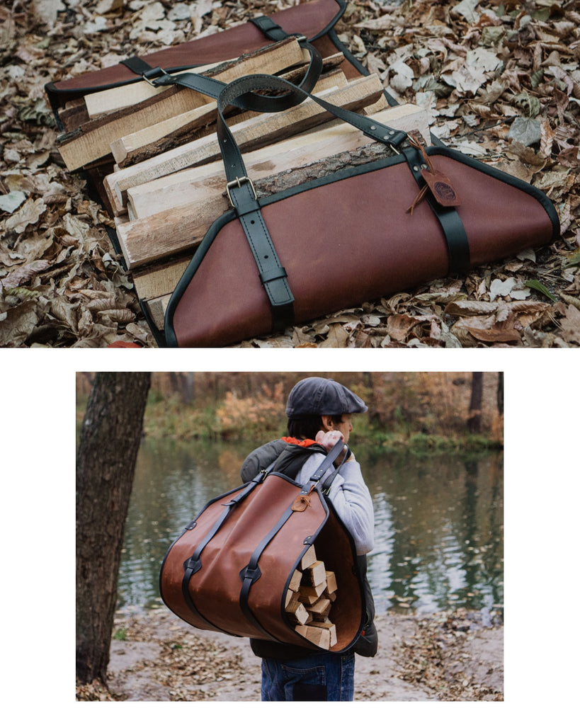 Leather Firewood Log Carrier - Handmade gift by Fashion Racing