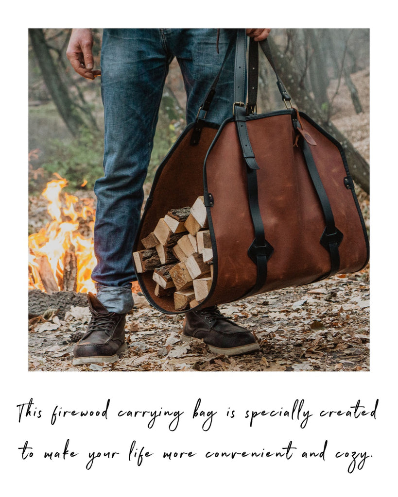 Leather Firewood Log Carrier - Handmade gift by Fashion Racing