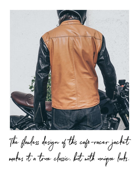 Leather motorcycle jacket. Tan Black Leather. Handgemacht by Fashion Racing