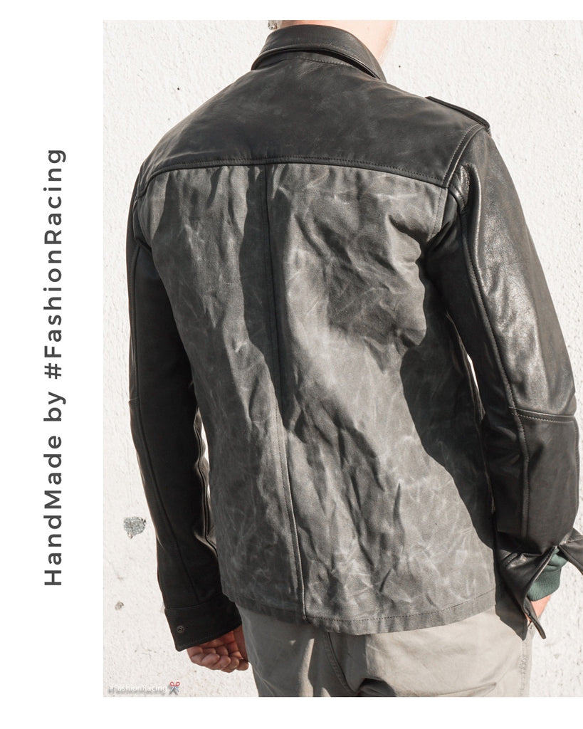 Men's waxed canvas shirt, custom leather jacket by Fashion Racing