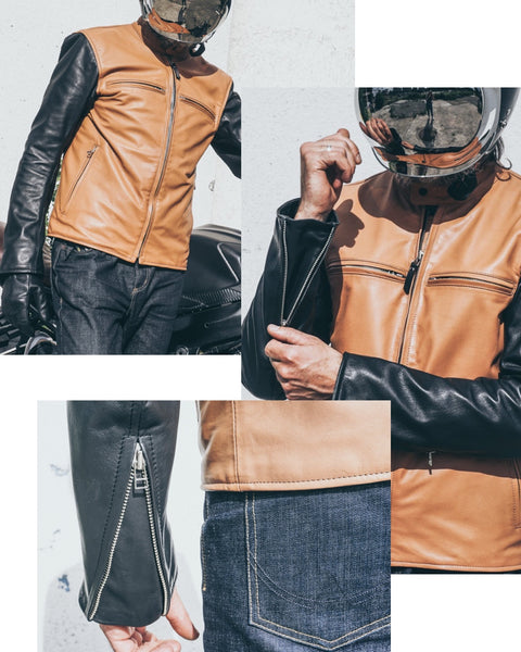 Leather motorcycle jacket. Tan Black Leather. Hacrafted by Fashion Racing