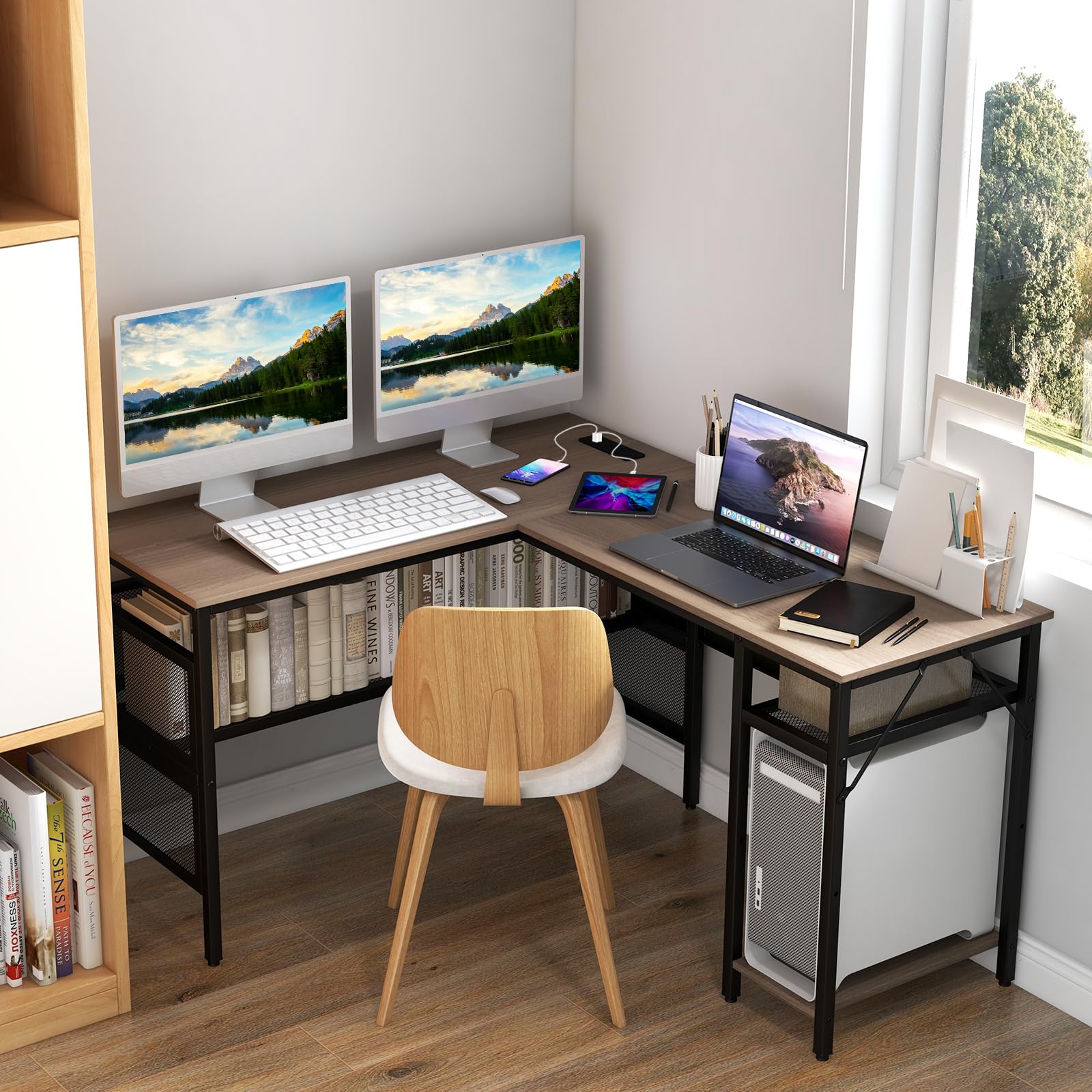 Giantex L Shaped Computer Desk, 60 Reversible Corner Desk with 4