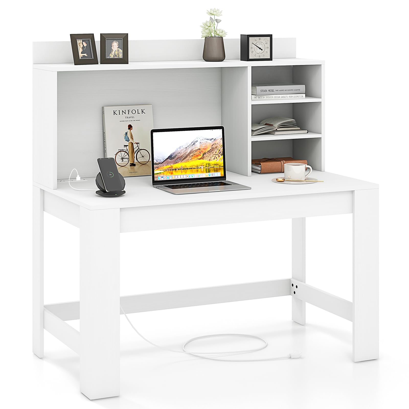 Giantex Computer Desk with Hutch, Modern Home Office Desk with Power Outlets, Storage Shelves & Cable Hole