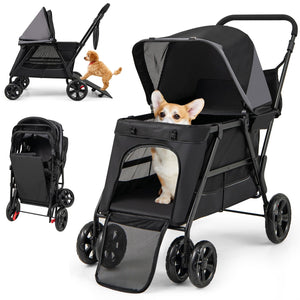 Giantex Dog Stroller with Low Entry & Ramp Access, Cat Stroller with Lockable & Shock-Absorbing All-Terrain Wheels