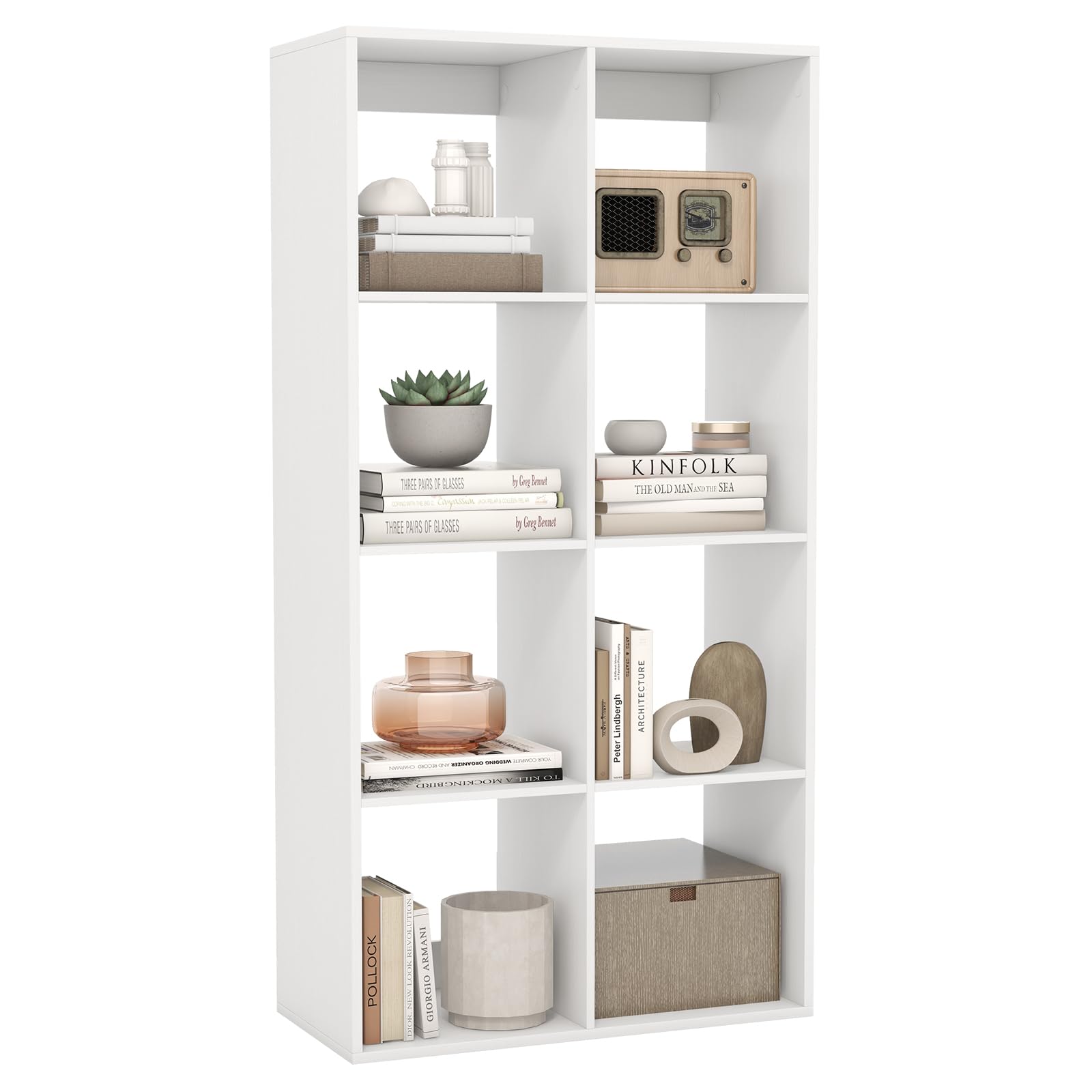 Giantex 8-Cube Bookcase, White Cubby Bookshelf w/Back Guardrail & Anti-Tipping Kits