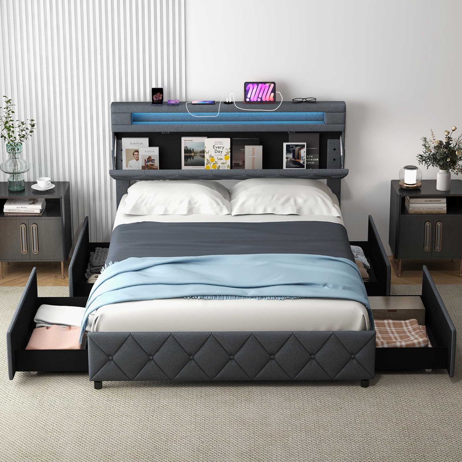 Giantex Bed Frame with Storage Headboard and 4 Drawers, Modern Upholstered Platform Bed with Charging Station