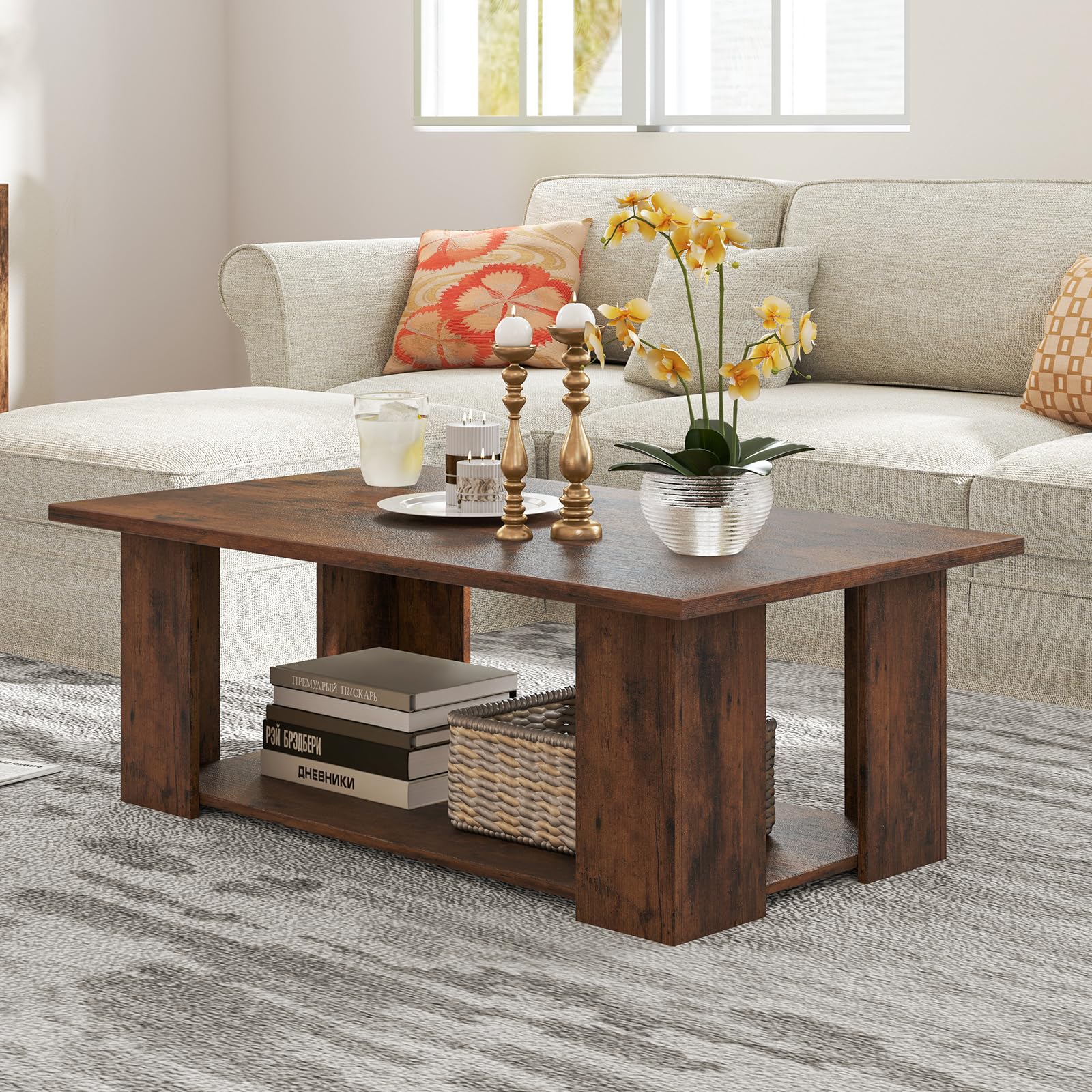 Giantex Rectangle Wood Center Table, 41" L 2-Tier Large Modern Tea Table w/Open Compartment