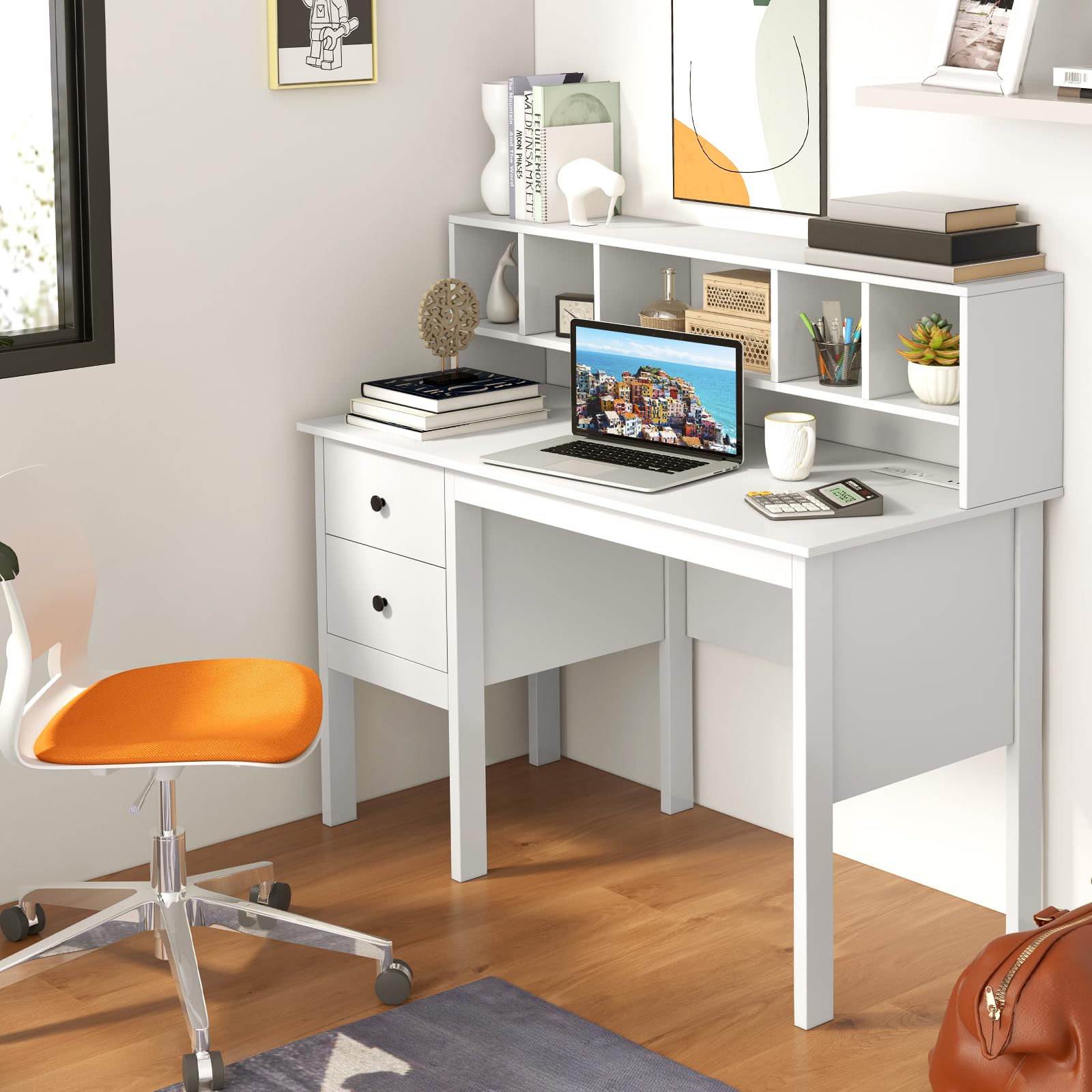 Giantex Home Office Desks, Computer Desk with Storage Shelves, Writing Desk  for Student and woker, Writing Study, Industry Modern Table for Bedroom