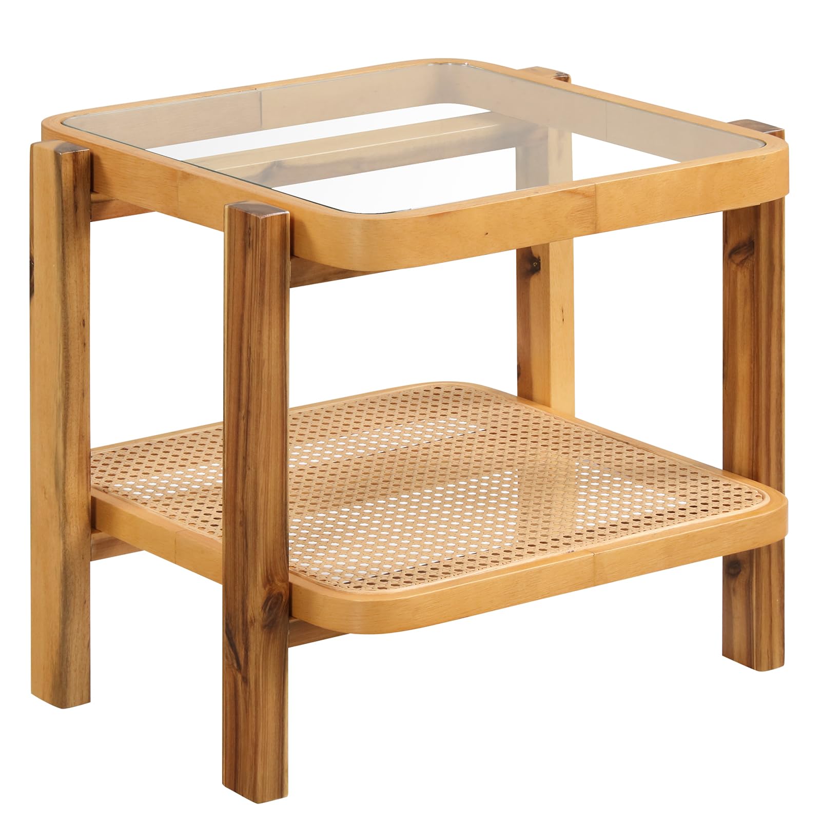 Giantex Rattan Side Table, Boho End Table for Living Room, Narrow Bedside Table with Tempered Glass Top