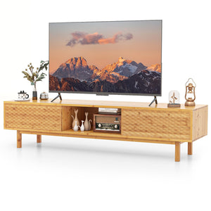 Giantex 63” Bamboo TV Stand, Entertainment Center with 3 Storage Cubes, Sliding Doors