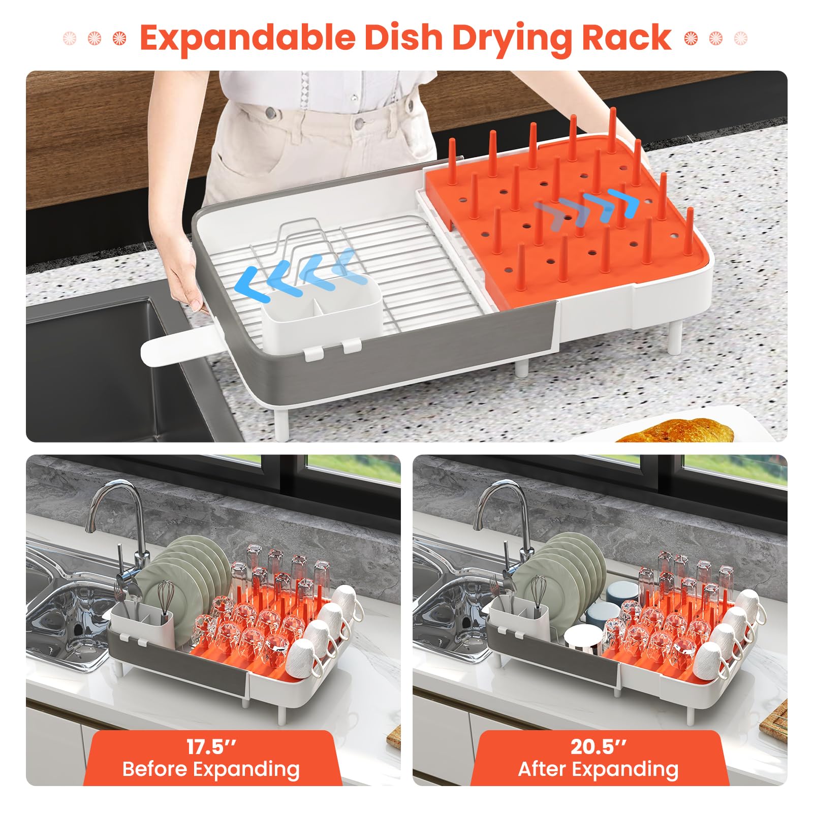 Over Sink Dish Drying Rack, Large Dish Rack with Adjustable  Length(29.5-33.7in) and Height(19.25-21.7in), 2 Tier Above Sink Expandable  Stainless Steel Dish Drainer for Kitchen Counter with 6 Hooks 