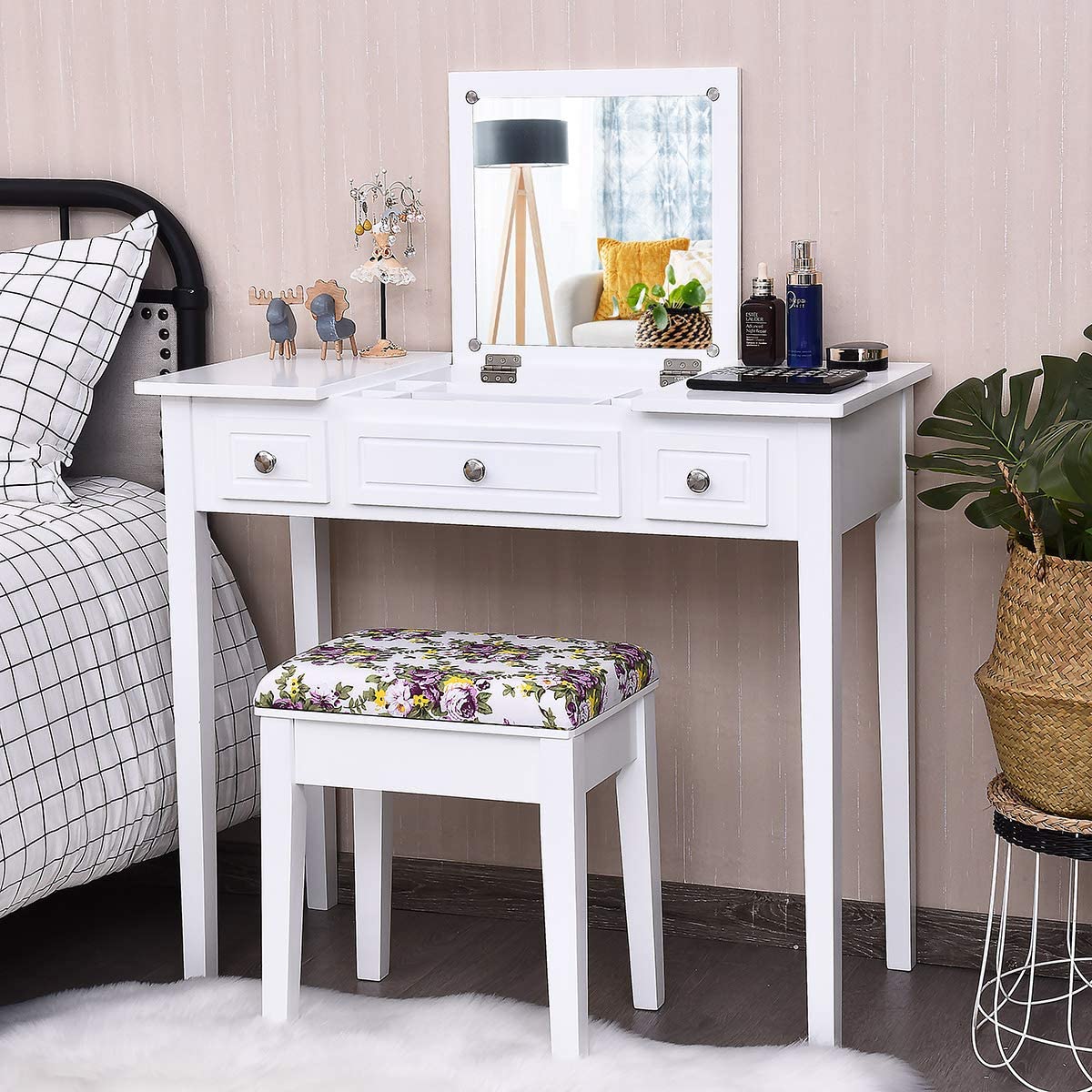 White Makeup Vanity with Storage & Flip Top Mirror 4 Drawers