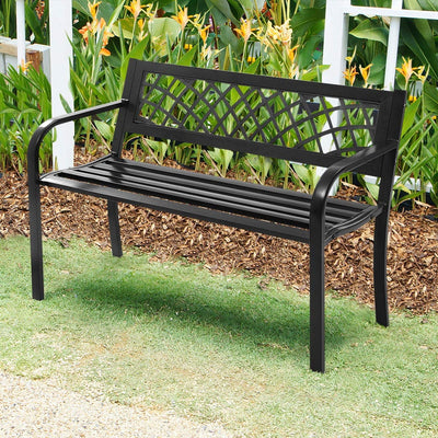 Giantex Patio Garden Bench Loveseats Park Yard Furniture Decor Cast Iron Frame Black (Black Steel W/ PVC Mesh Pattern)