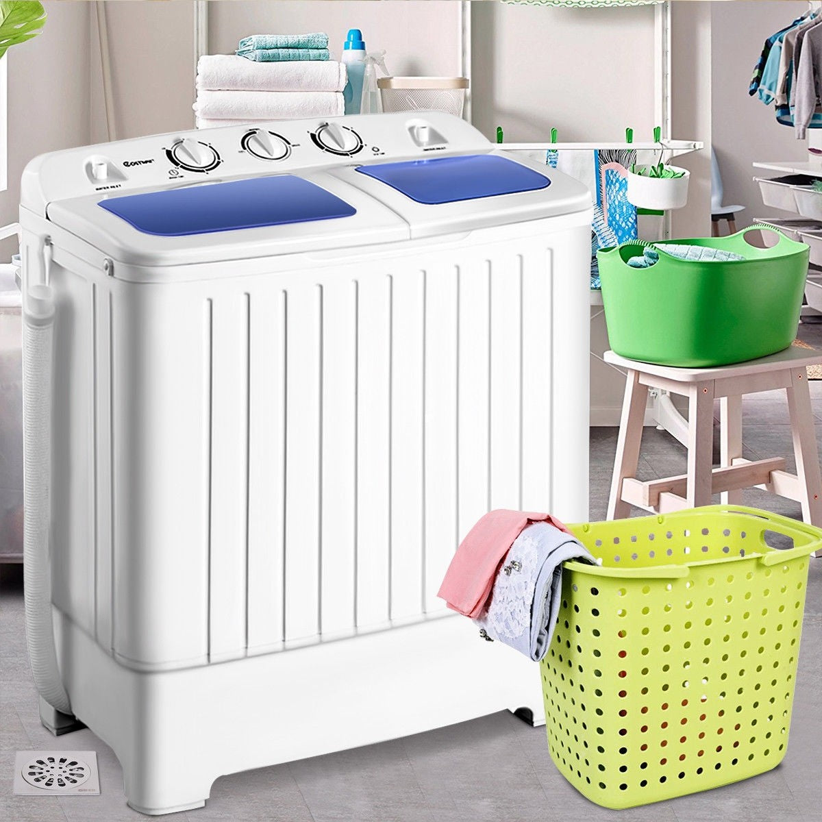 Zeny Portable Compact Mini Twin Tub Washing Machine Washer XL 17.6lbs  Capacity With Wash and Spin Cycle, Built-in Gravity Drain 