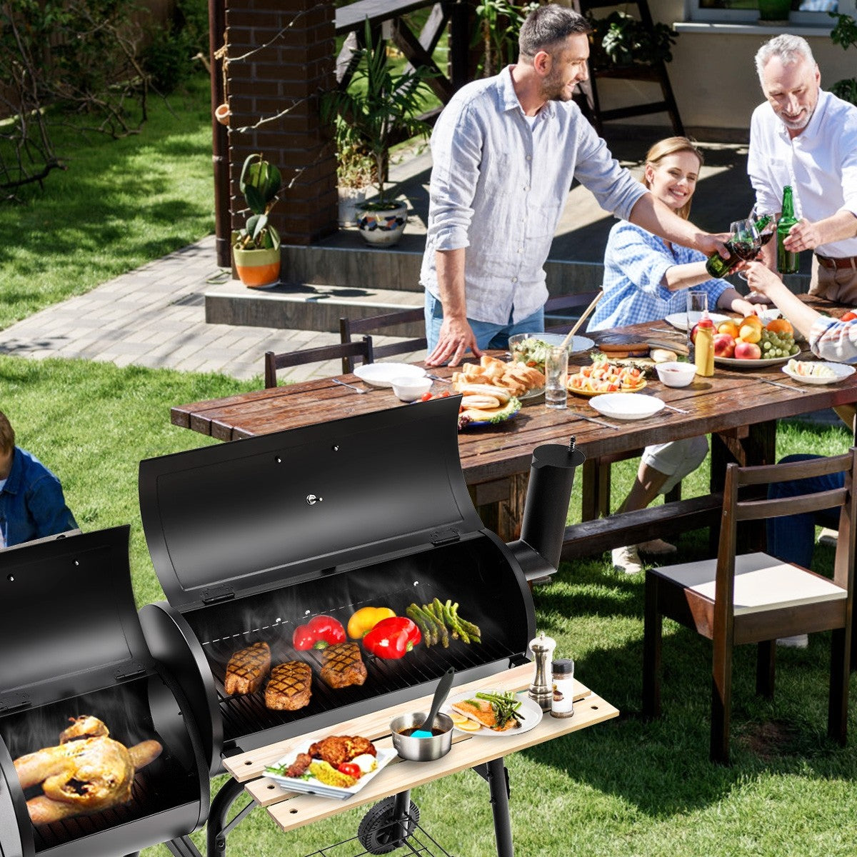  Smoker Grill，3-in-1 Outdoor Smokers, Charcoal Grills