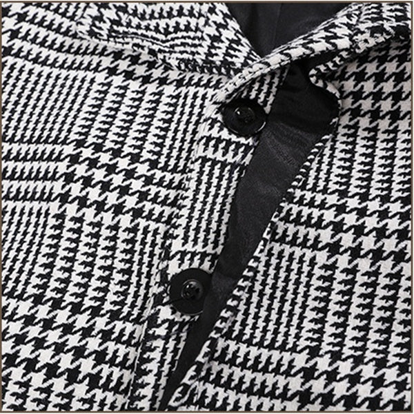 Men Lapel Collar Slant Pocket Trench Plaid Coat