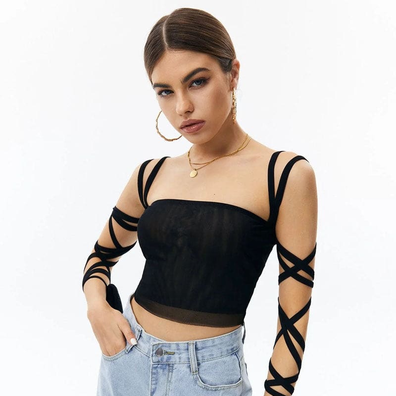 Solid Black Mesh Laced Arm Stretch Cami Crop Top – Fikafuntimes