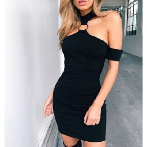 Off Shoulder Metallic Ring Front Halter Cut Out Bodycon