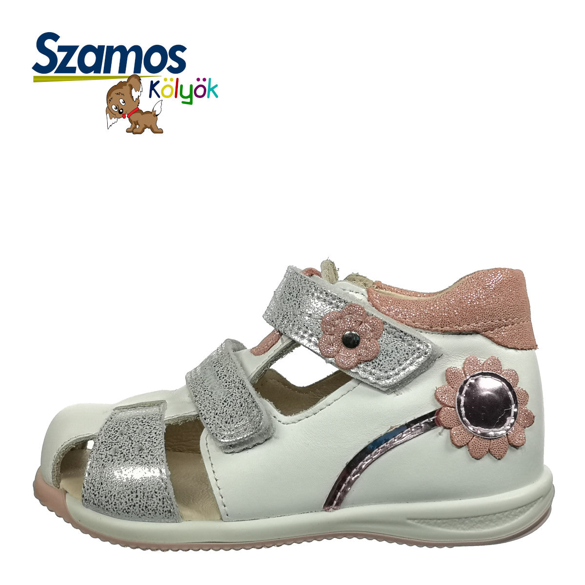 rulletrappe sandsynligt nødsituation Szamos kid girl sandals in white color and flower pattern with silver  glitter double velcro strap toddler/little kid size | TinyShoes