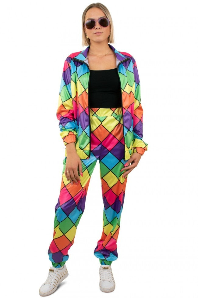 PartyXplosion - Jaren 80 & 90 Kostuum - Jaren 80 Retro Trainingspak Multicolor Ruit Dames - Vrouw - multicolor - XL - Carnavalskleding - Verkleedkleding