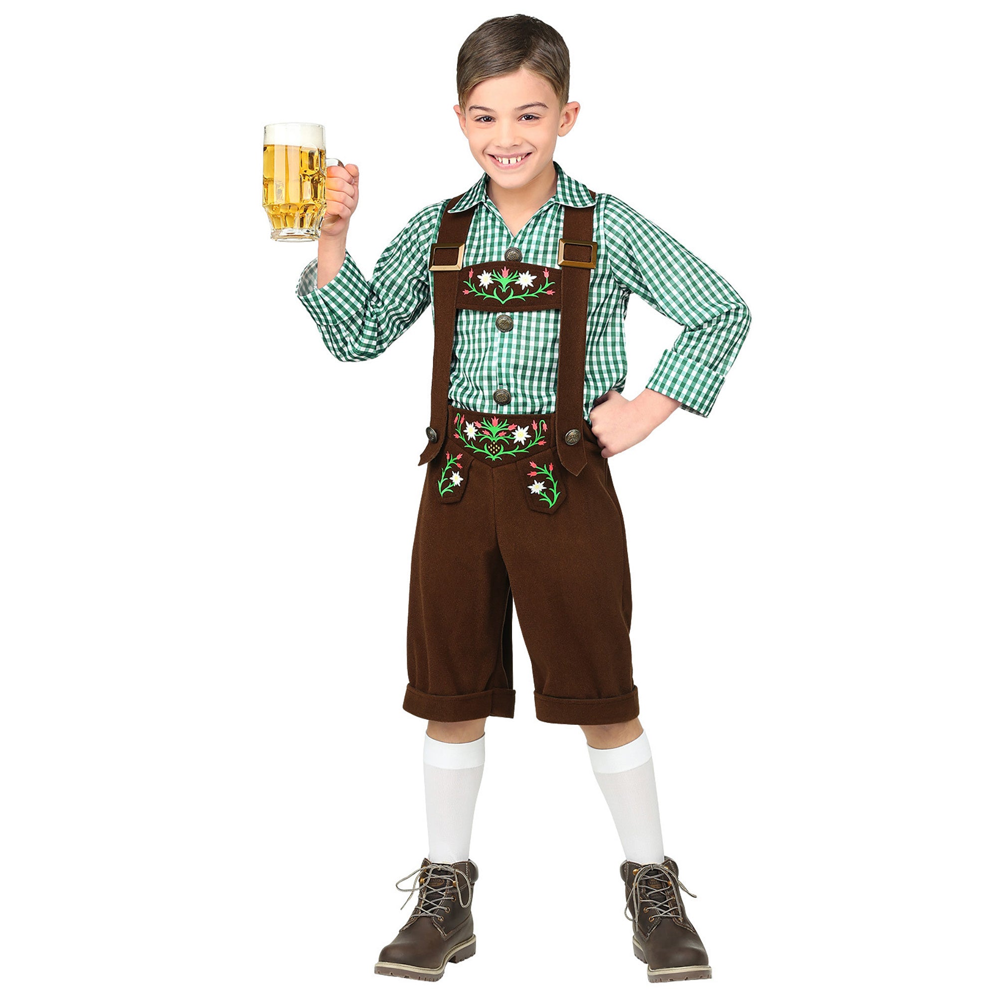 Widmann - Boeren Tirol & Oktoberfest Kostuum - Bruine Lederhosen Met Shirt Jong Geleerd Bierfeest - Jongen - groen,bruin - Maat 128 - Bierfeest - Verkleedkleding