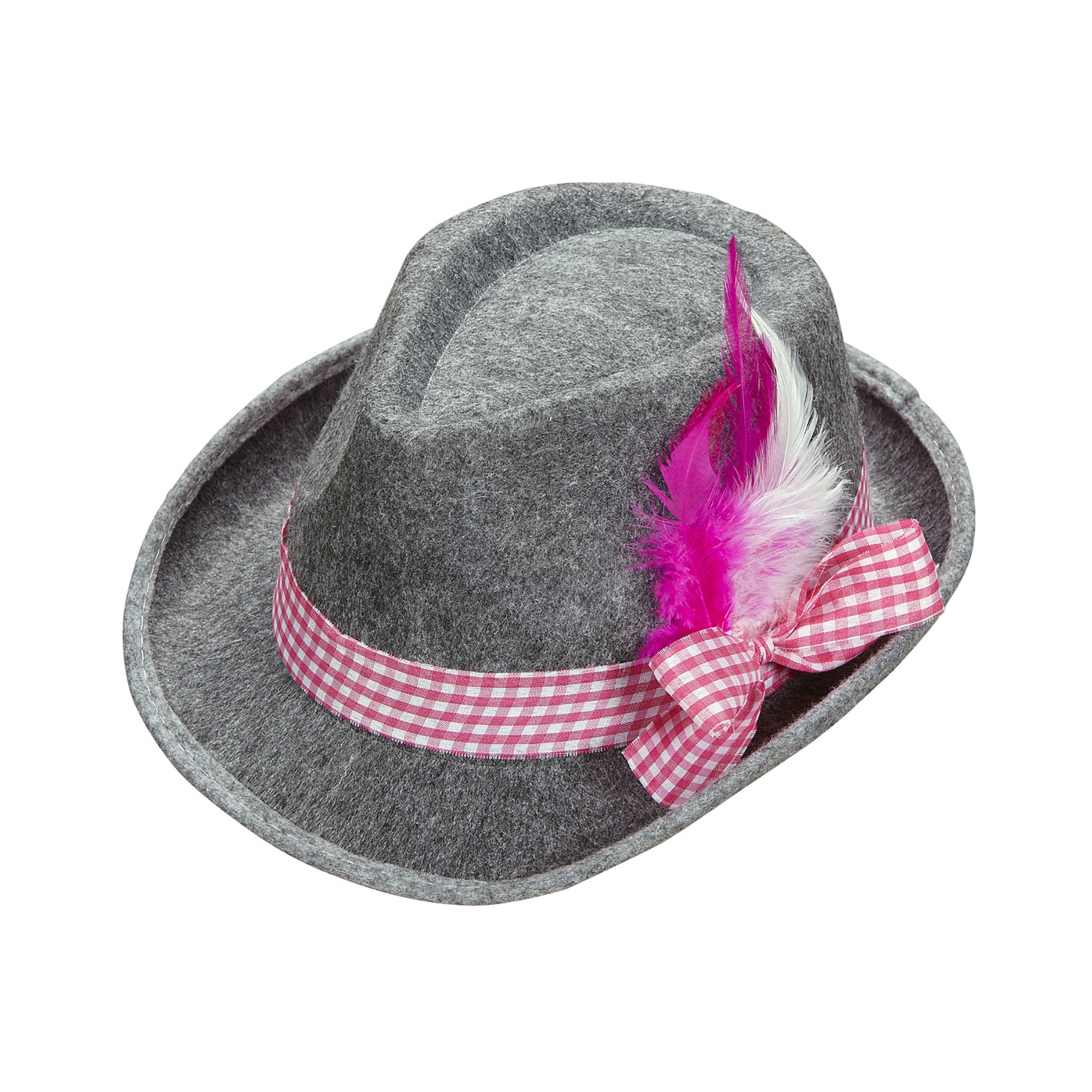 Widmann - Boeren Tirol & Oktoberfest Kostuum - Oktoberfest Heren Beierse Fedora Met Roze Veren - grijs - Bierfeest - Verkleedkleding