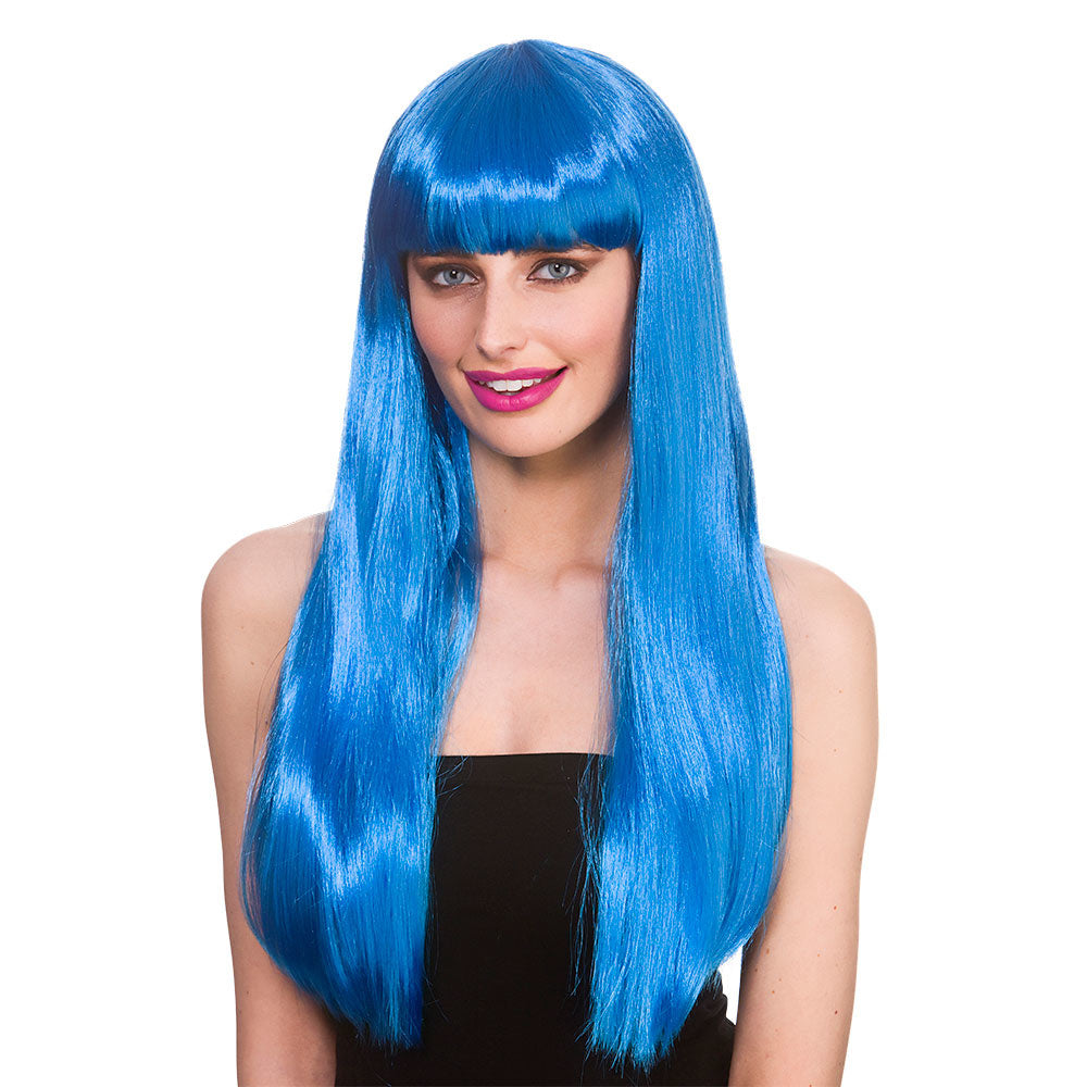 Mooie blauwe pruik Fantasy lang haar met pony