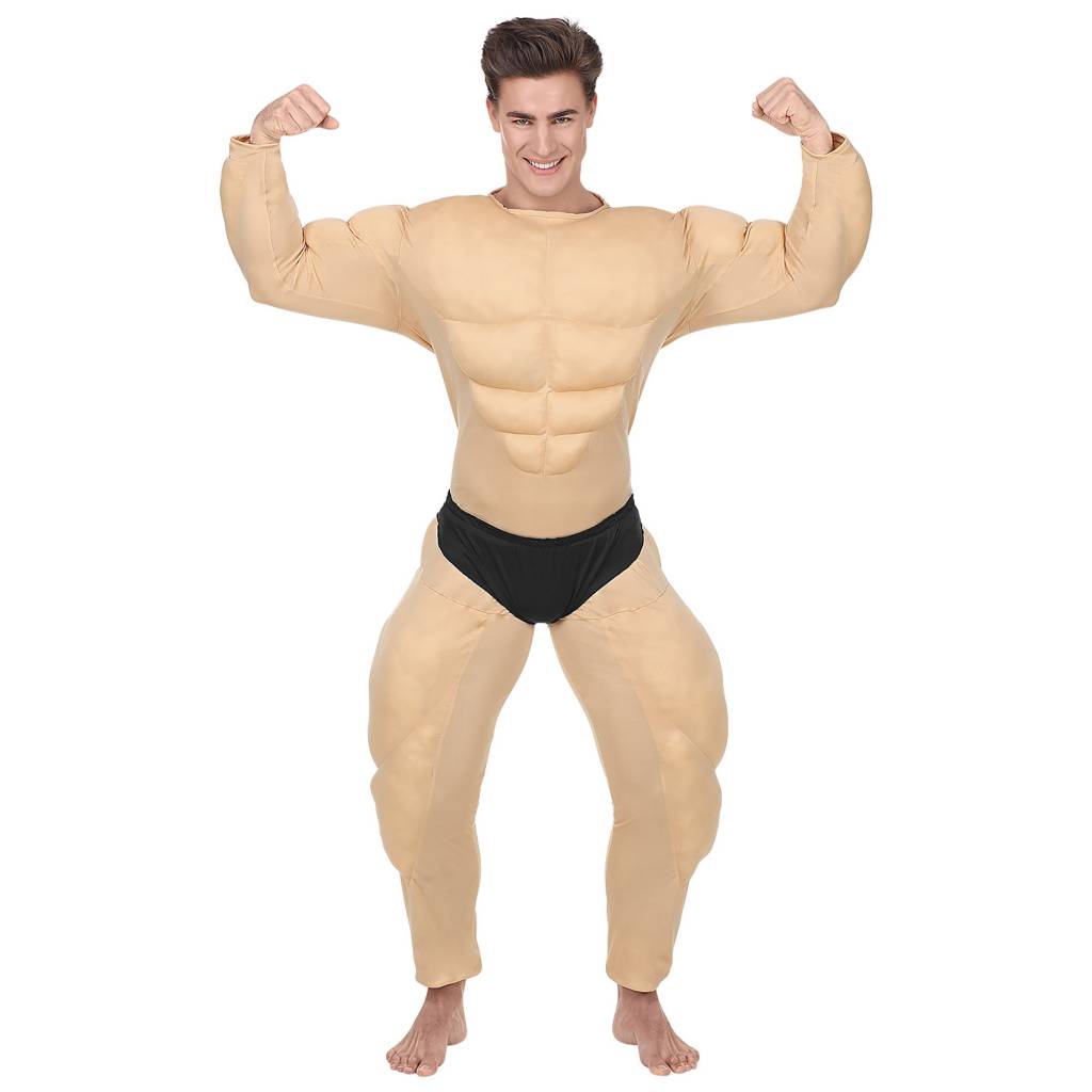 Widmann - Opblaas Dikmaak & Spierballen Kostuum - Opschepper Van De Sportschool Bodybuilder - Man - beige - Small - Carnavalskleding - Verkleedkleding