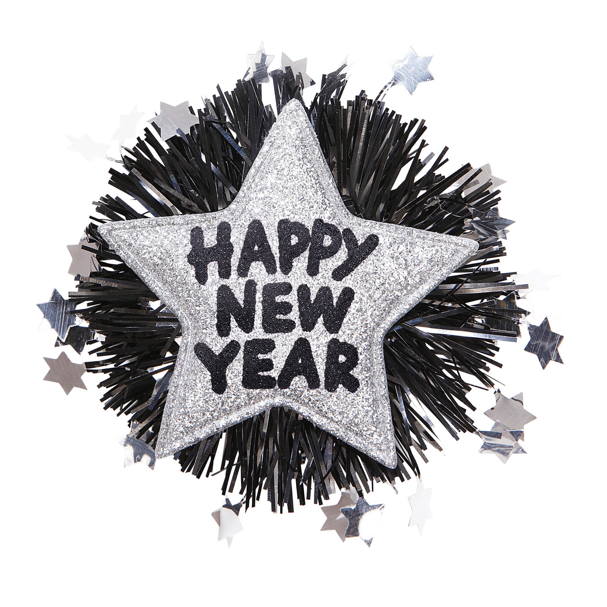 Feestartikelen: Broche happy new year zilver